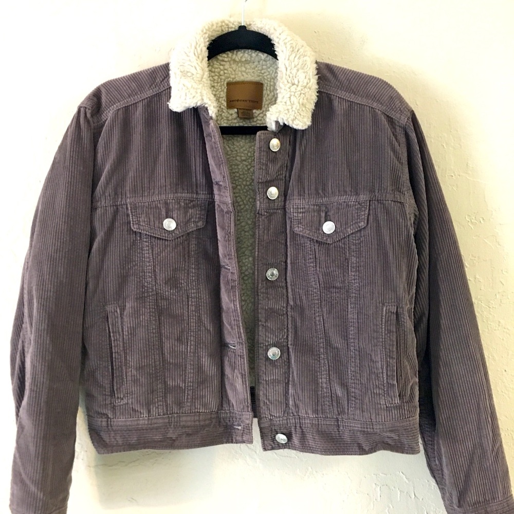 American Eagle Cropped Corduroy Fleece Jacket XS Brown Casual Soft Boho …